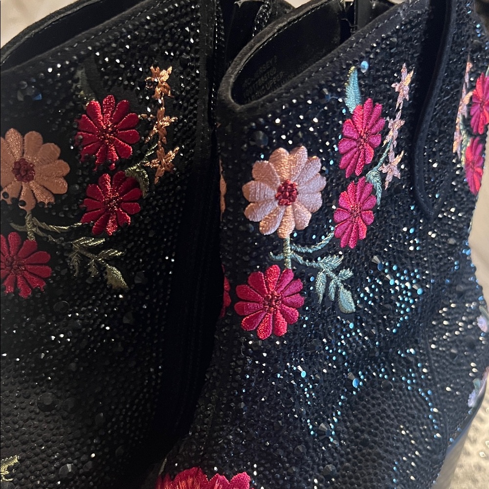 Floral Embroidered sparkle Black Ankle Boots - Picture 5 of 5